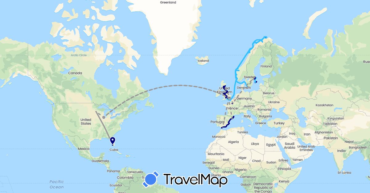 TravelMap itinerary: driving, plane, hiking, boat in Denmark, Spain, France, United Kingdom, Norway, Sweden, United States (Europe, North America)